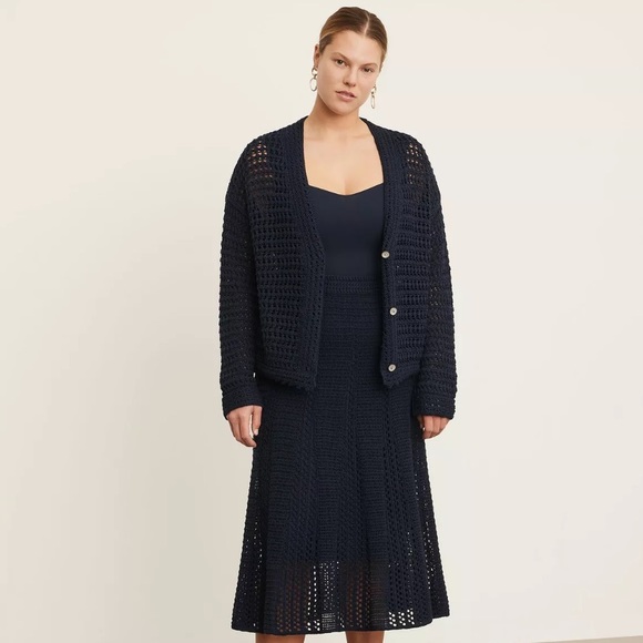 Vince Women's 100% Organic Cotton Crochet Cardigan Sweater Navy Blue XL - Picture 2 of 15